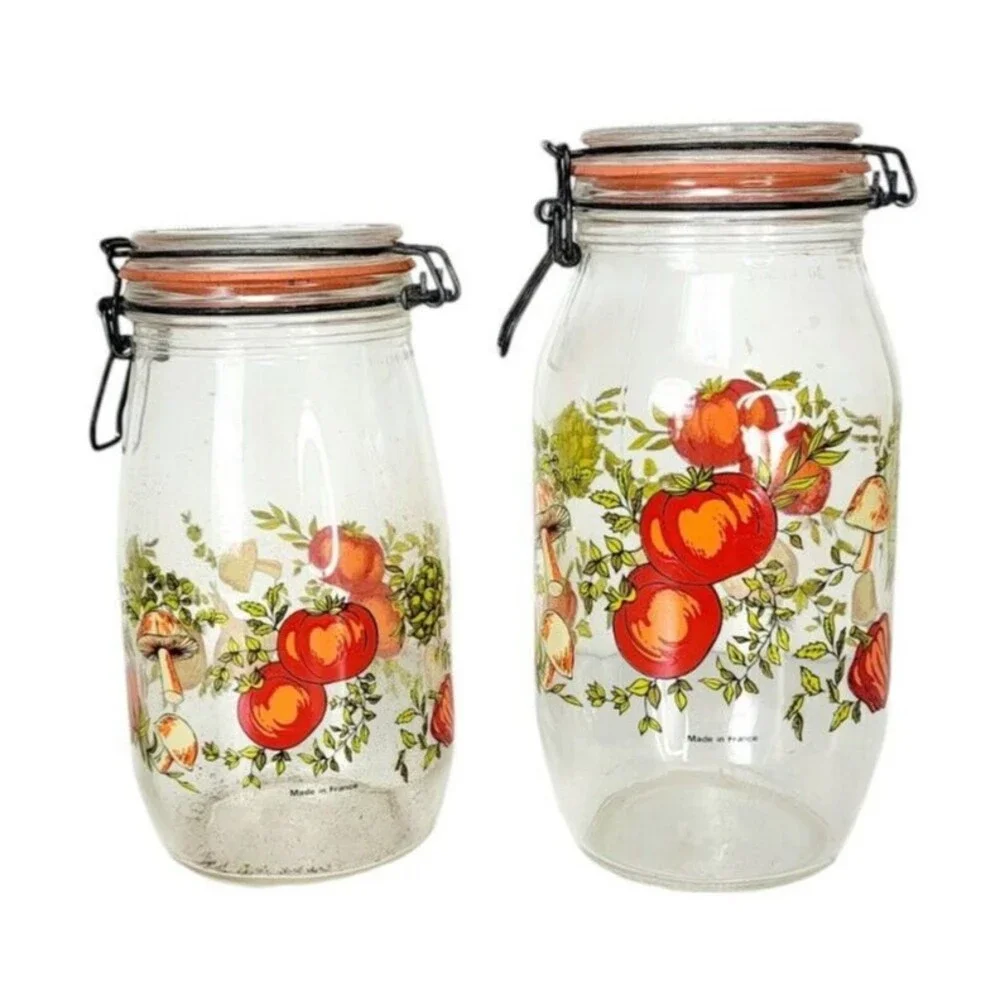 VTG 70s MCM Spice of Life CorningWare Glass Mushroom Vegetable Jars 1.5  2 liter